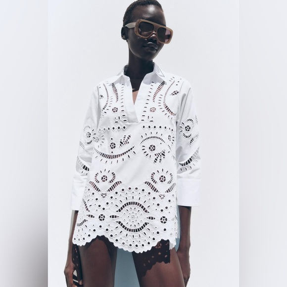 Sz XS Zara ZW Collection oversized embroidered black poplin shirt tunic - Picture 8 of 8